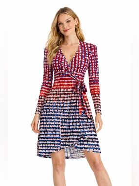 BCBGMAXAZRIA Red Blue Abstract Wrap Dress Long Sleeve Wrap XS